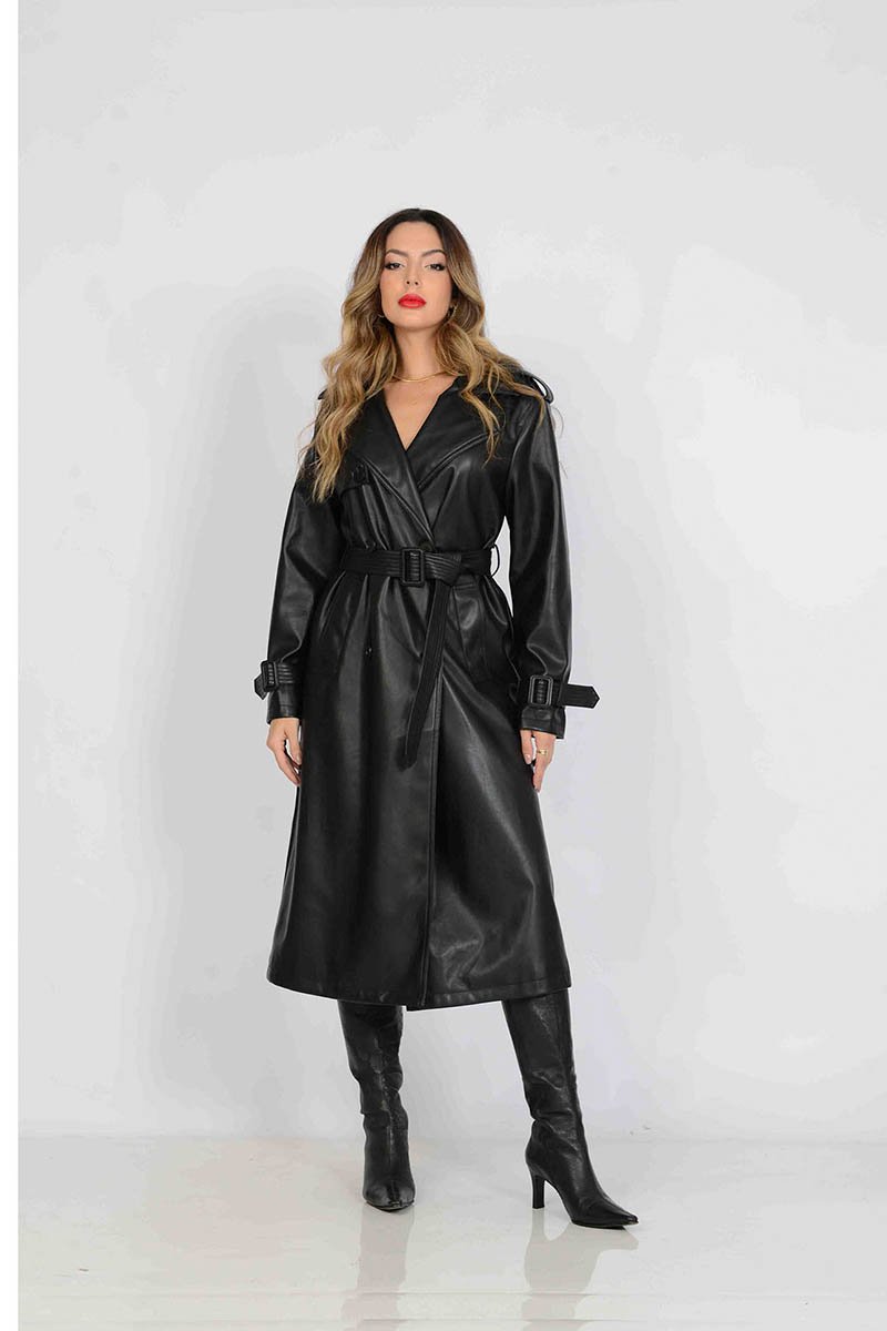 Qoo　0728 Casaco Trench Coat de Couro Sintético Preto - Queens Paris
