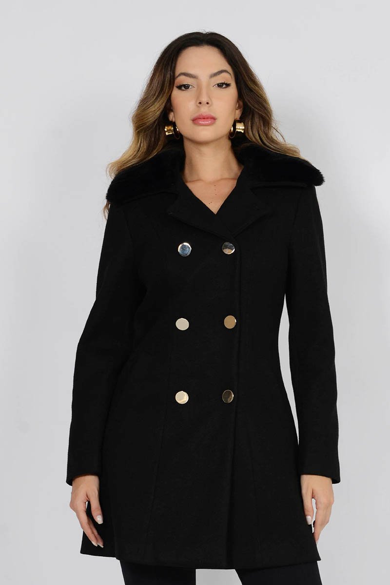 Casaco de Lã Batida Gola com Pelo - Offwhite - Queens Paris